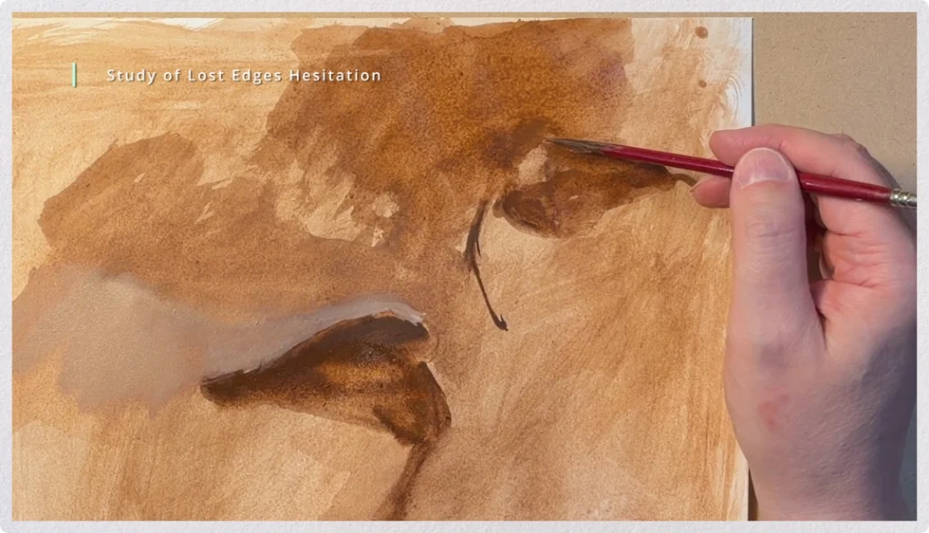 Using the back of a paintbrush to lightly carve into wet paint, creating a subtle line that gives a lost edge just enough clarity while preserving its softness.