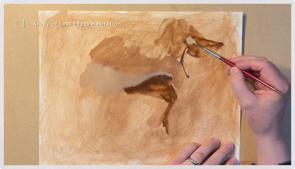 Artist's hand painting a leaf where the edge softly blends into a textured brown background.
