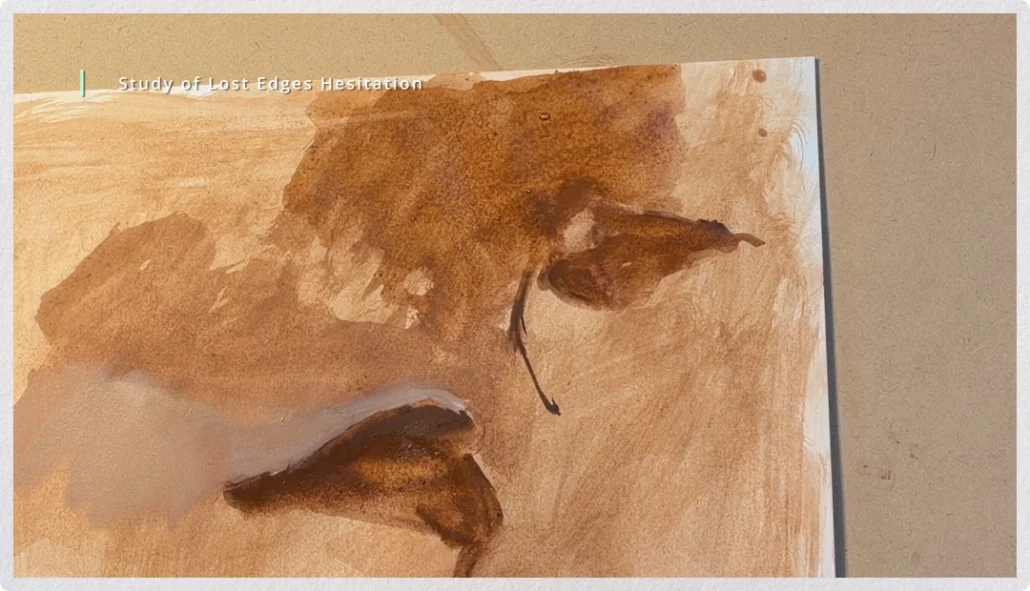 A paint study demonstrating how to soften the edges of a leaf into a dark background without losing its underlying shape.