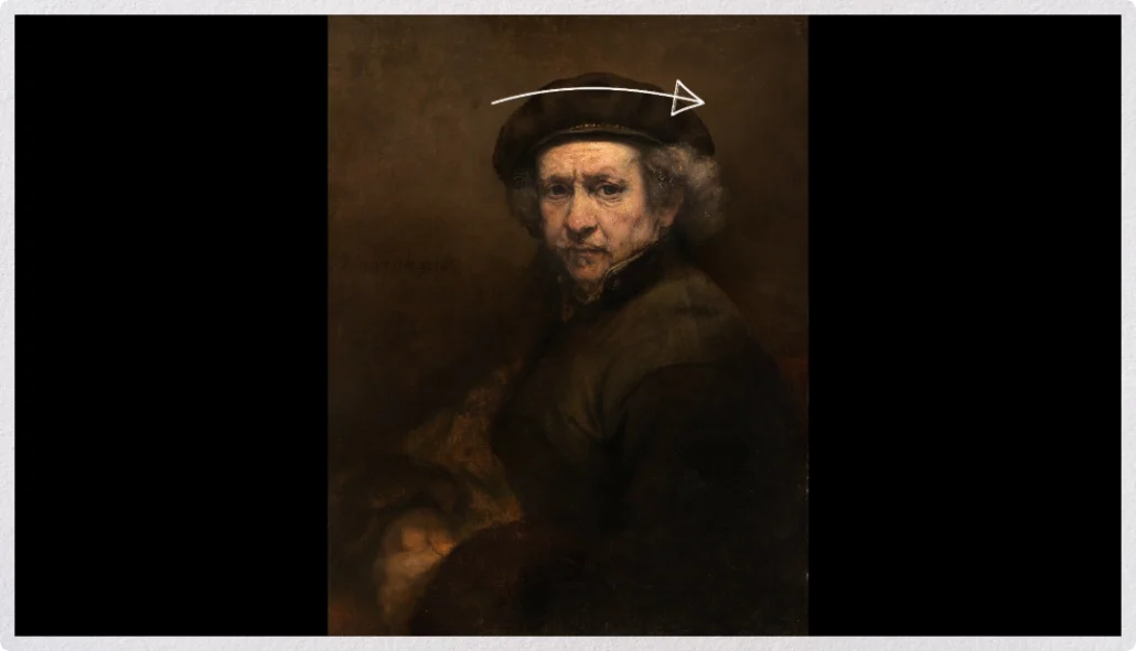 Rembrandt's self-portrait with a curved arrow demonstrating the subtle movement of light across the background behind his hat.