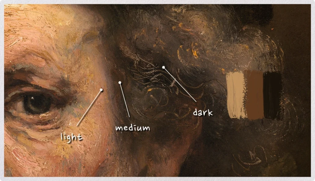 Example of a sequential value transition in a Rembrandt portrait, showing a gradual progression from light to medium to dark across the face and hair.