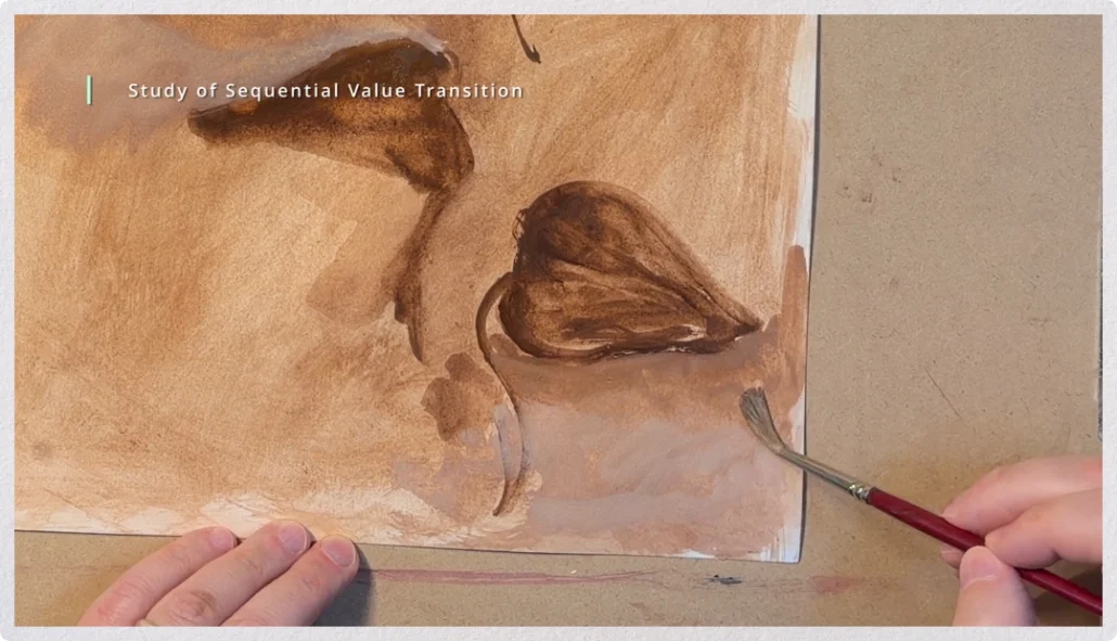 Sequential value transition study showing a leaf emerging from a light background through layered light, medium, and dark values.